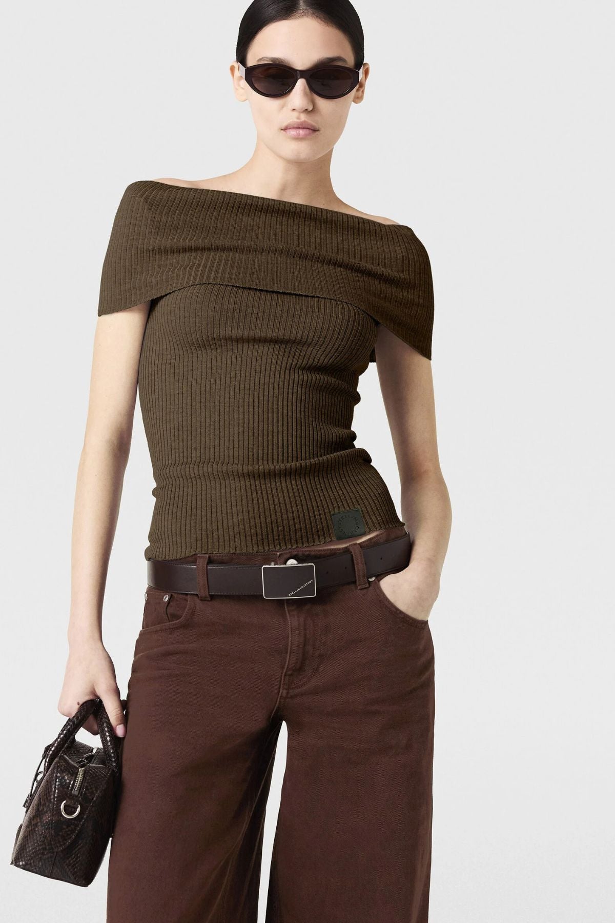 Stella McCartney Lightweight Rib Off Shoulder Top - Olive