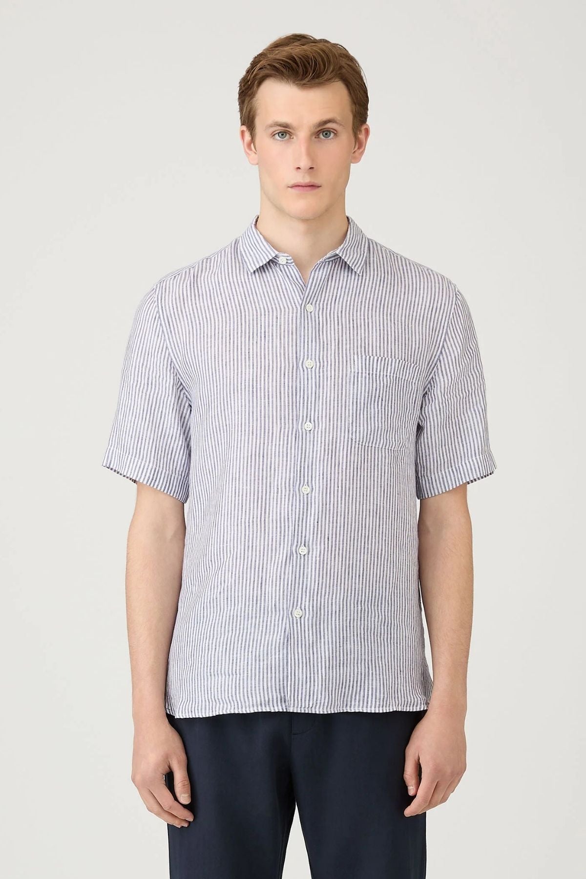 SUNSPEL SS Linen Shirt - White/ Navy Stripe