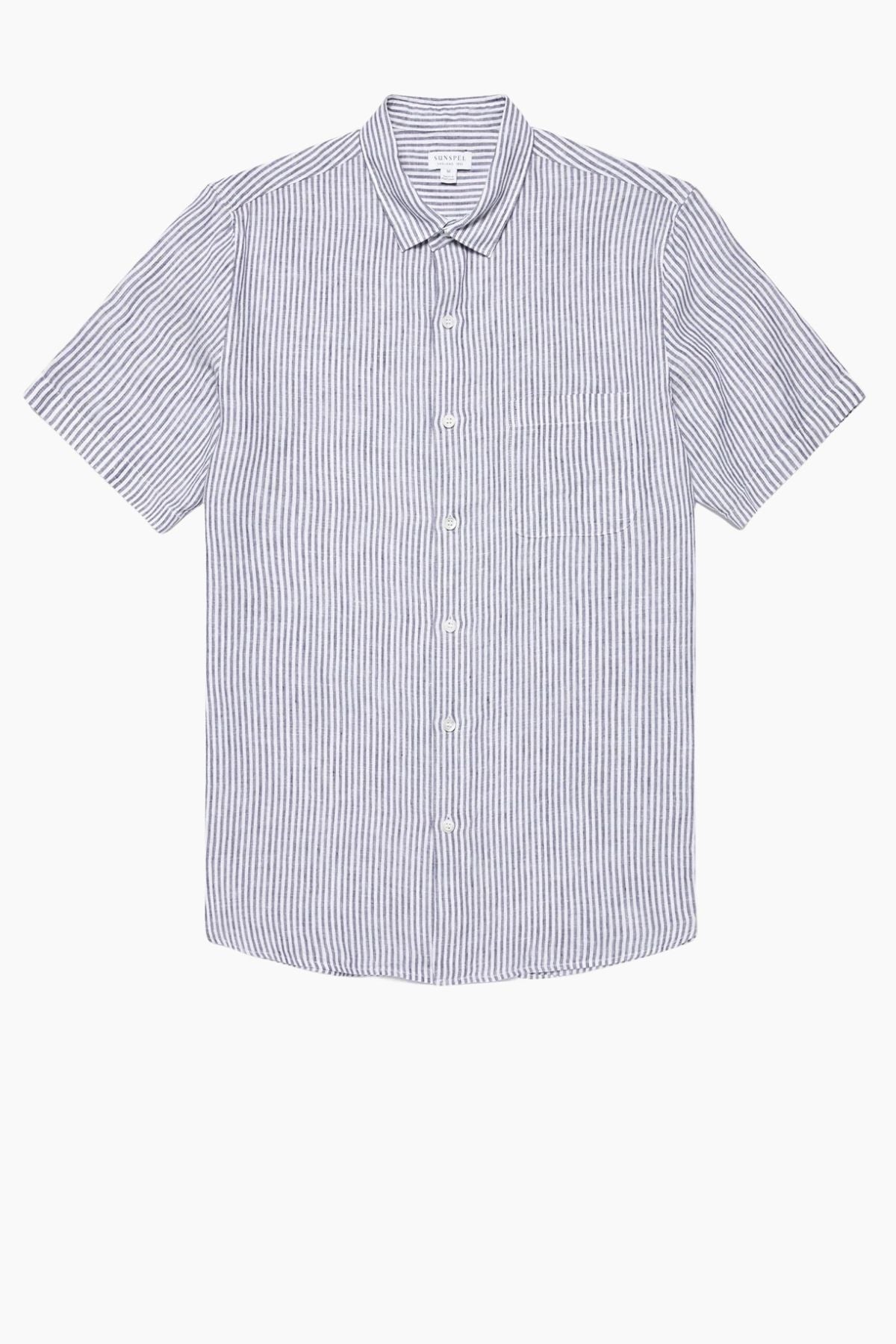 SUNSPEL SS Linen Shirt - White/ Navy Stripe