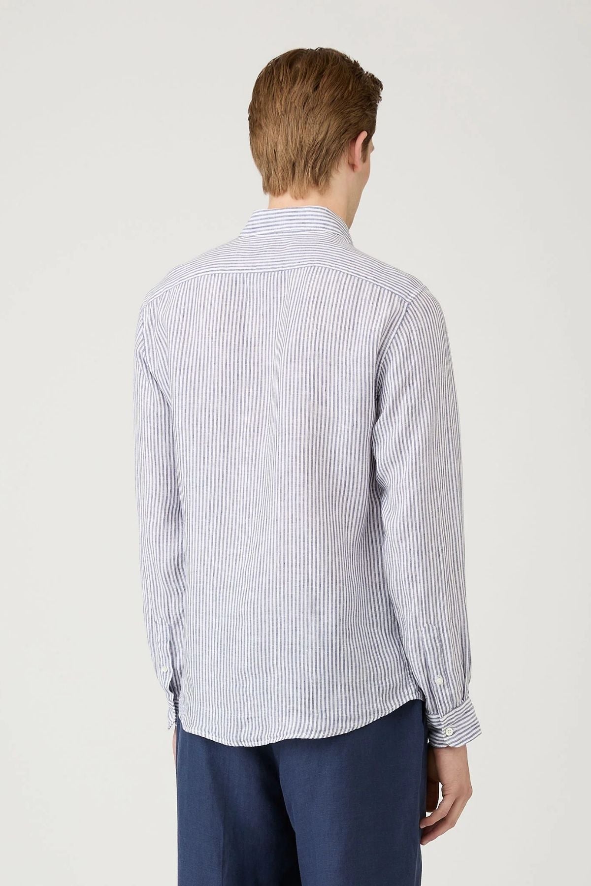 Sunspel LS Linen Shirt - White/ Navy Stripe