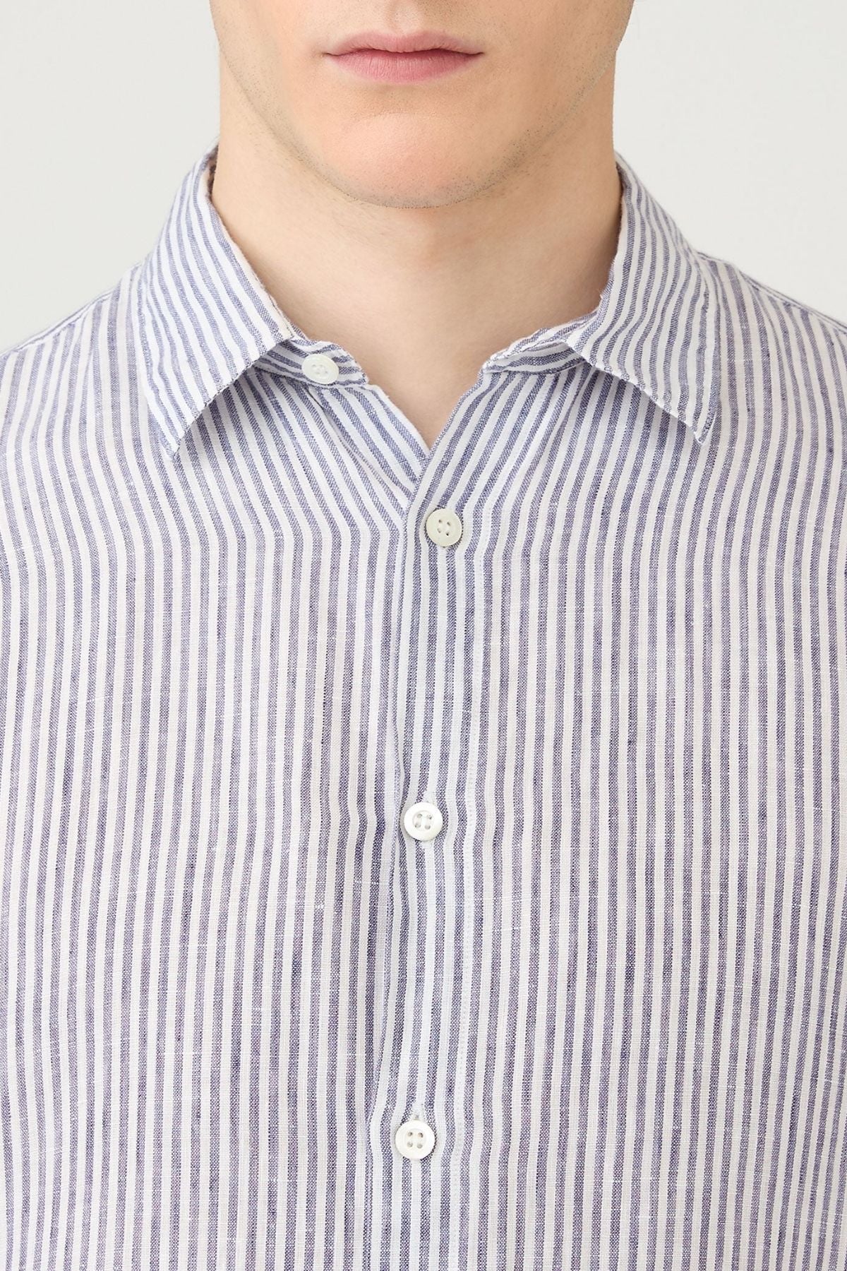 Sunspel LS Linen Shirt - White/ Navy Stripe
