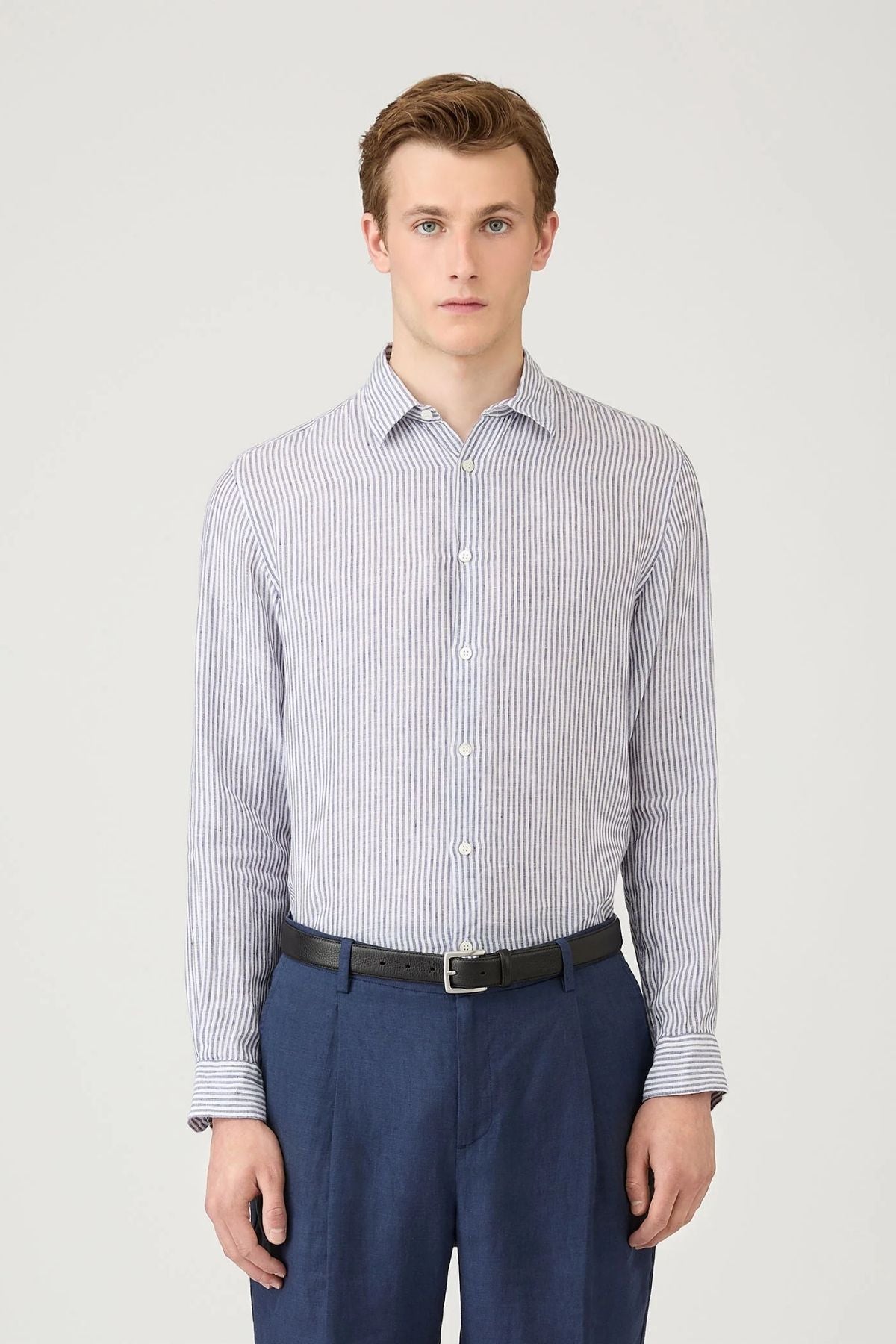 Sunspel LS Linen Shirt - White/ Navy Stripe
