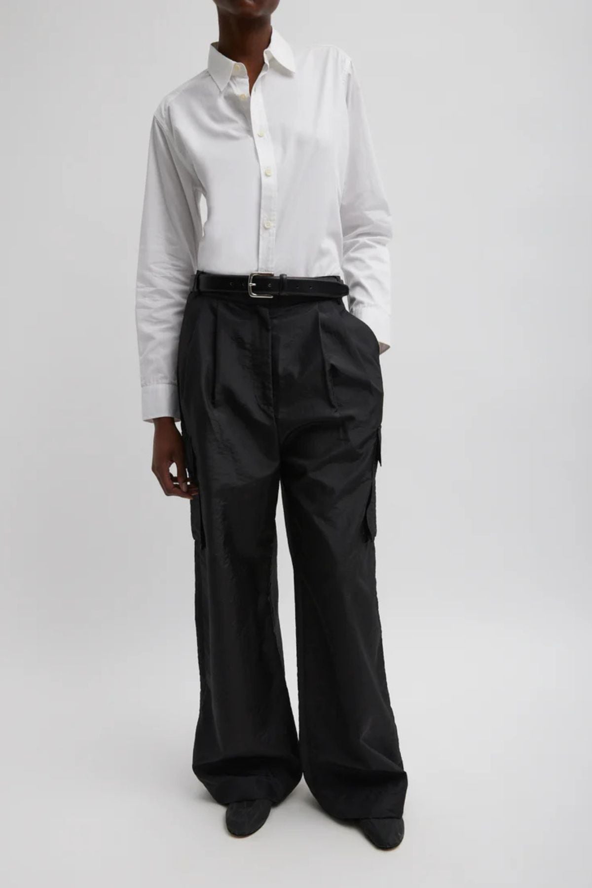 Tibi Crispy Nylon Stella Pleated Cargo Pant - Black