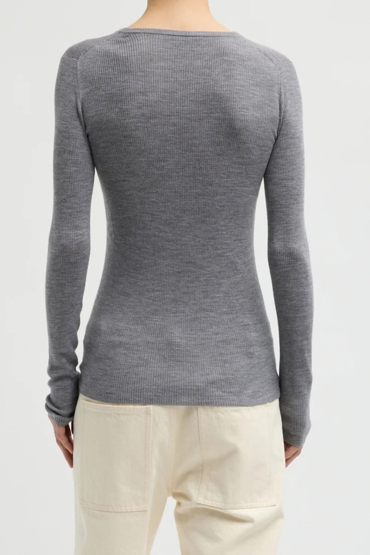 Tibi Feather Weight Ribbed V-Neck Pullover - Heather Grey