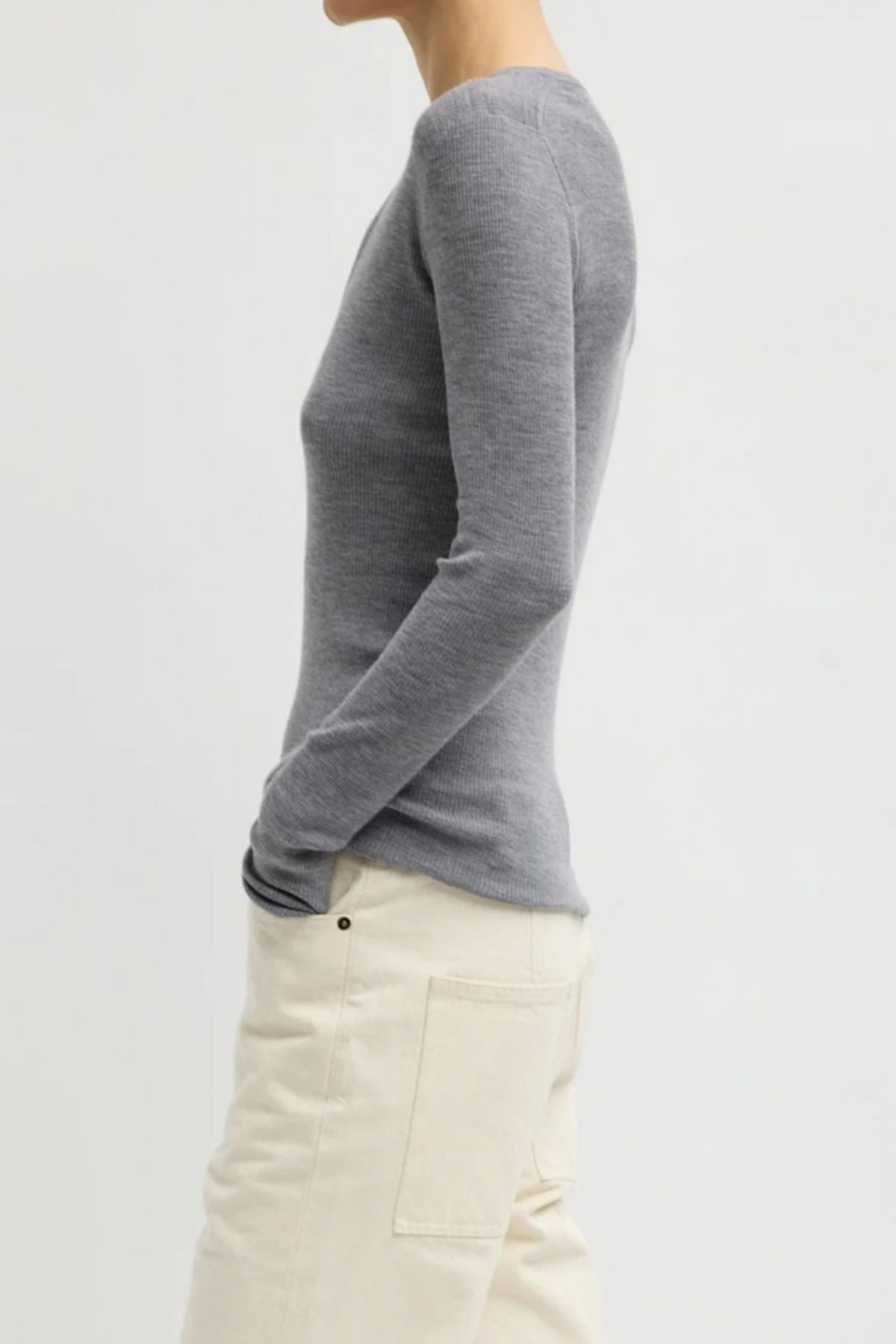 Tibi Feather Weight Ribbed V-Neck Pullover - Heather Grey