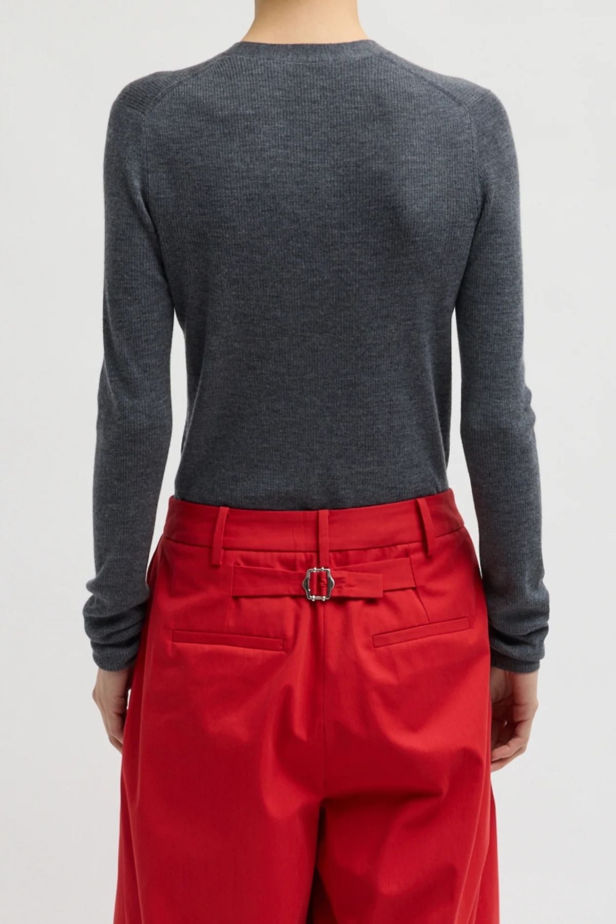 Tibi Feather Weight Ribbed V-Neck Slim Cardigan - Charcoal Grey