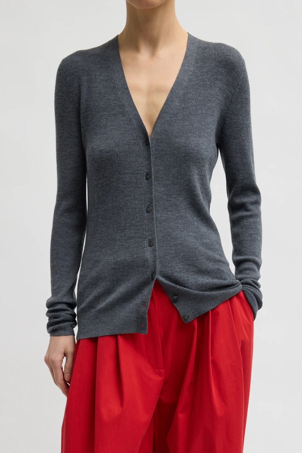 Tibi Feather Weight Ribbed V-Neck Slim Cardigan - Charcoal Grey