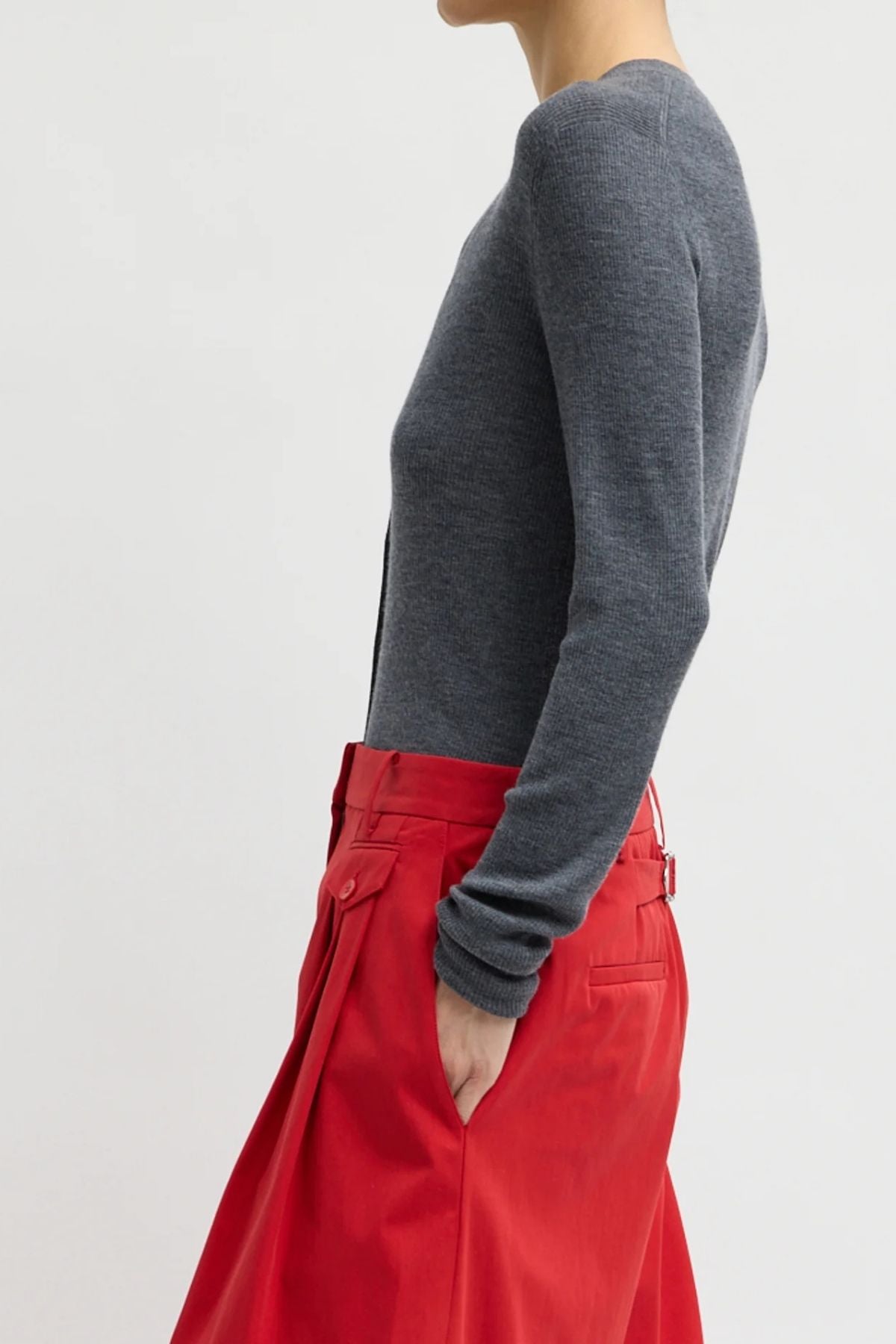 Tibi Feather Weight Ribbed V-Neck Slim Cardigan - Charcoal Grey