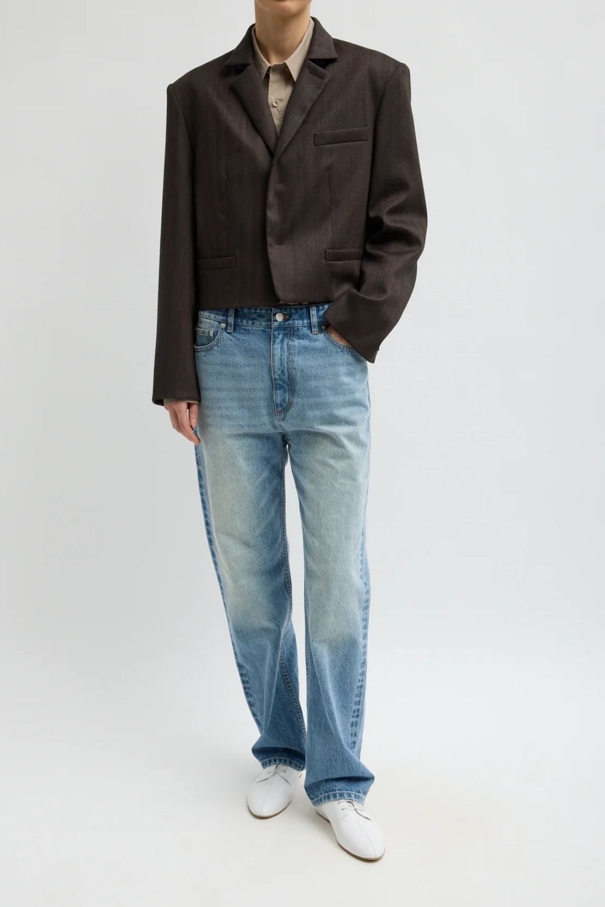 Tibi Herringbone Suiting Cropped Blazer - Brown Multi