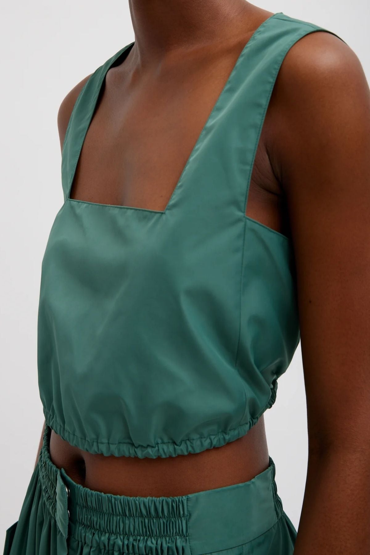 Tibi Italian Sporty Nylon Cropped Square Neck Top - Dark Hunter Green