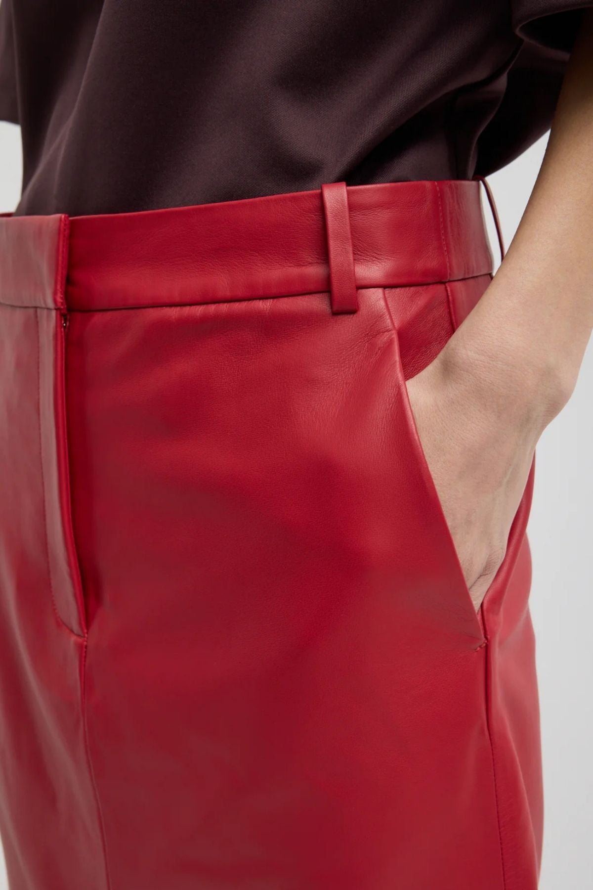 Tibi Leather Midi Trouser Skirt - Red