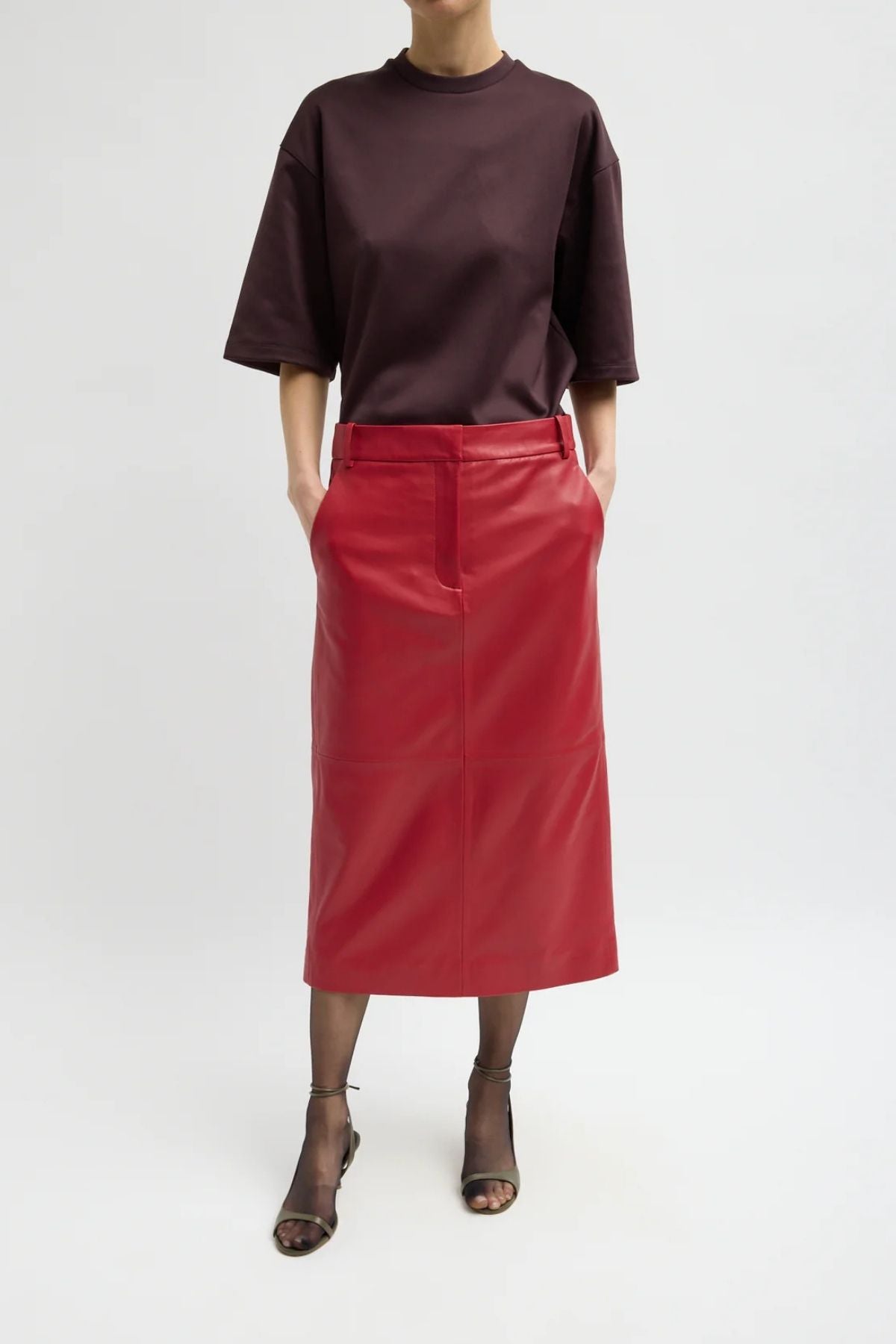 Tibi Leather Midi Trouser Skirt - Red