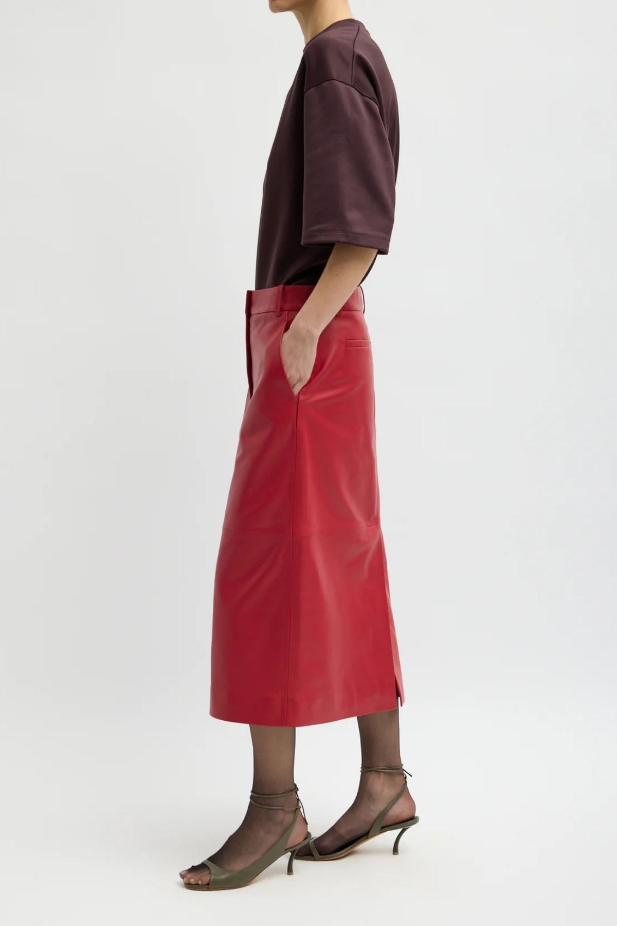 Tibi Leather Midi Trouser Skirt - Red
