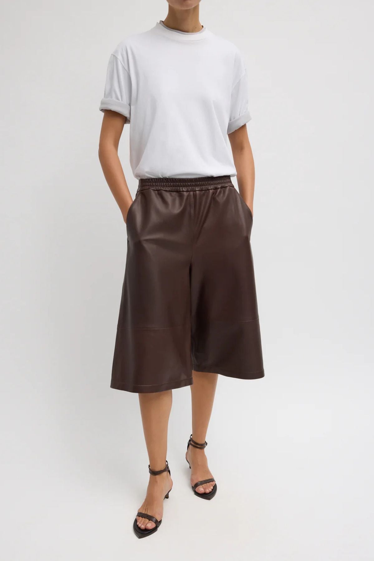 Tibi Leather Relaxed Long Short - Brown