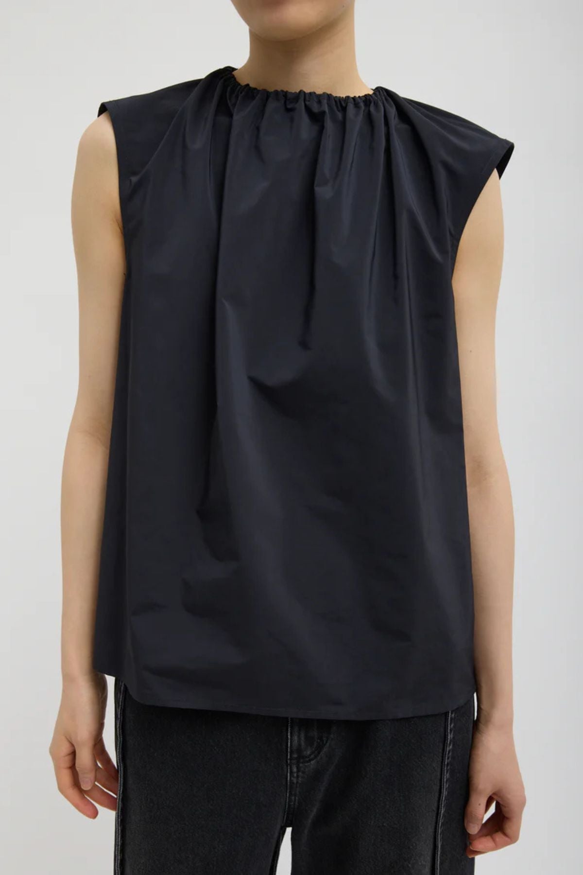 Tibi Nylon Shirred Neck Top - Navy