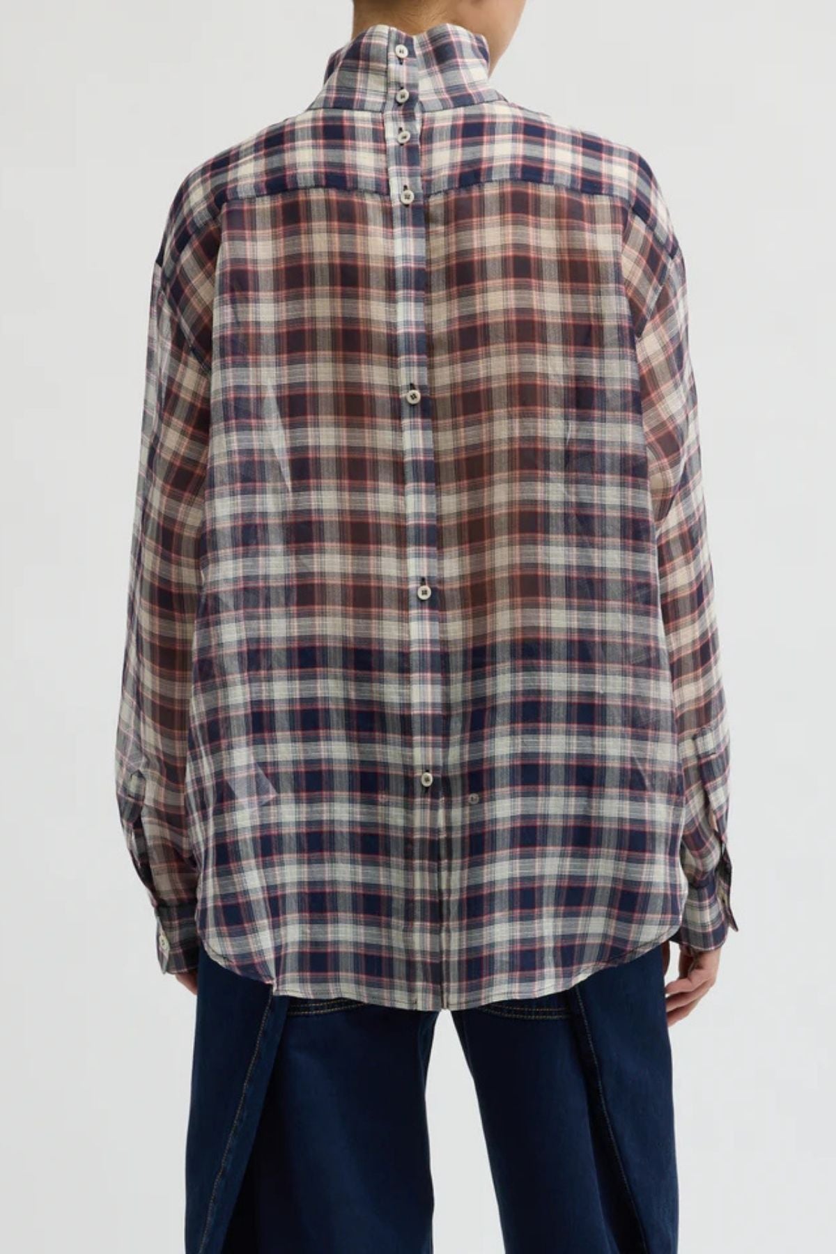 Tibi Plaid Funnel Neck Shirt - Black/ Red Multi