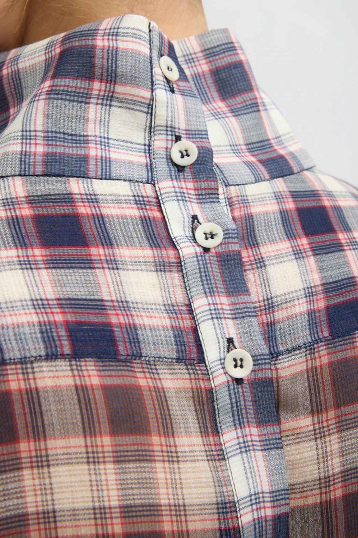 Tibi Plaid Funnel Neck Shirt - Black/ Red Multi