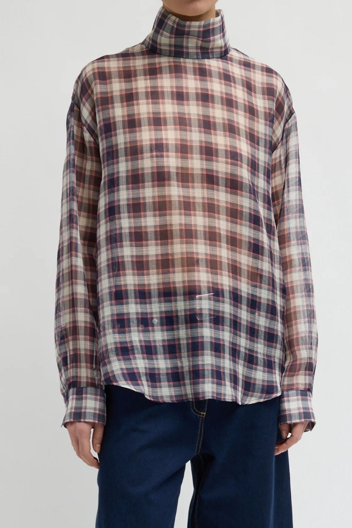 Tibi Plaid Funnel Neck Shirt - Black/ Red Multi