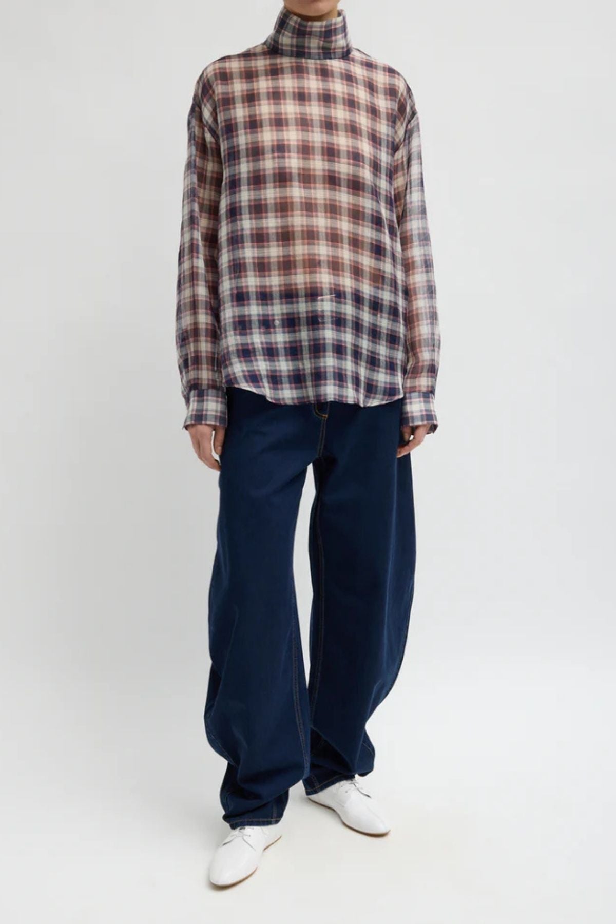 Tibi Plaid Funnel Neck Shirt - Black/ Red Multi
