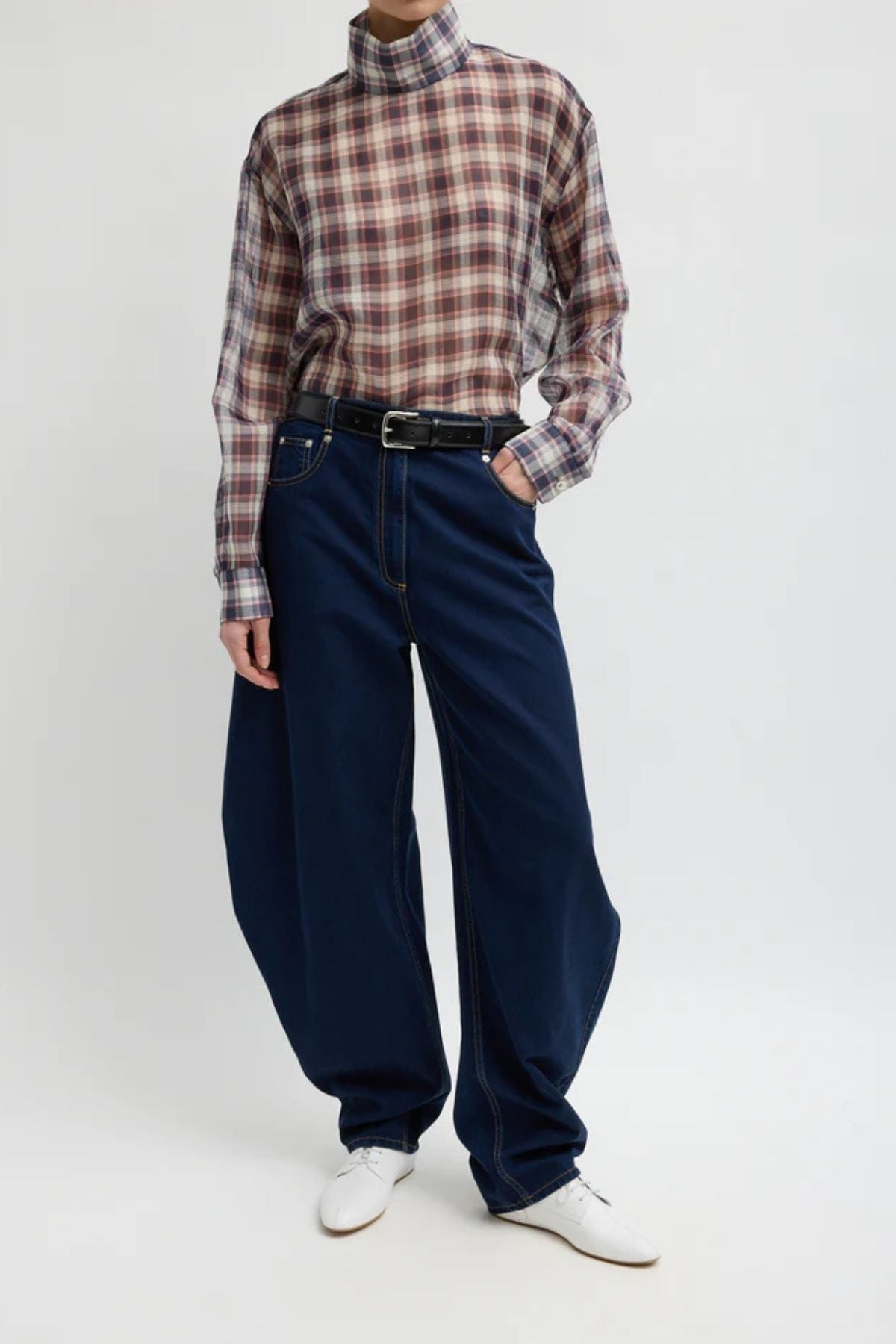 Tibi Plaid Funnel Neck Shirt - Black/ Red Multi