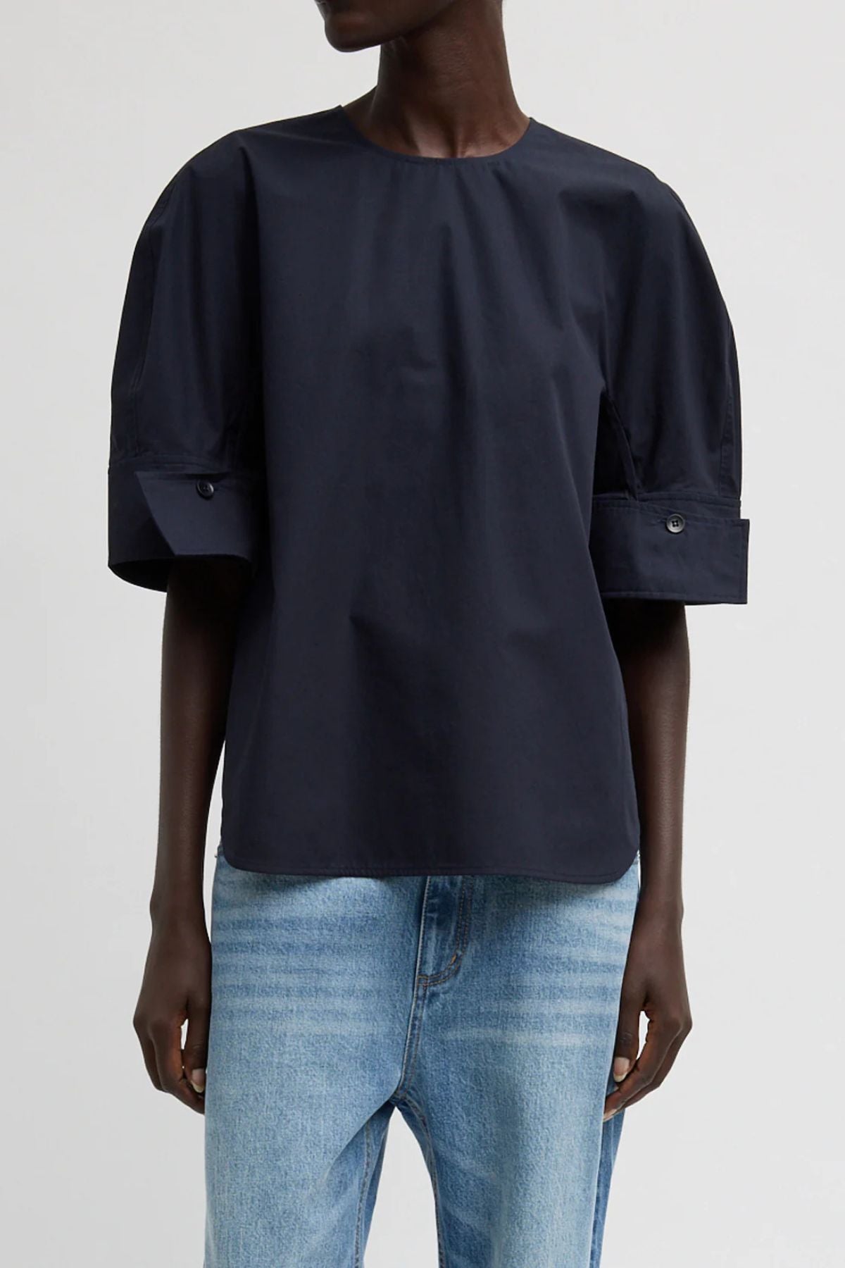 Tibi Poplin Reverse Sleeve Shirt - Navy