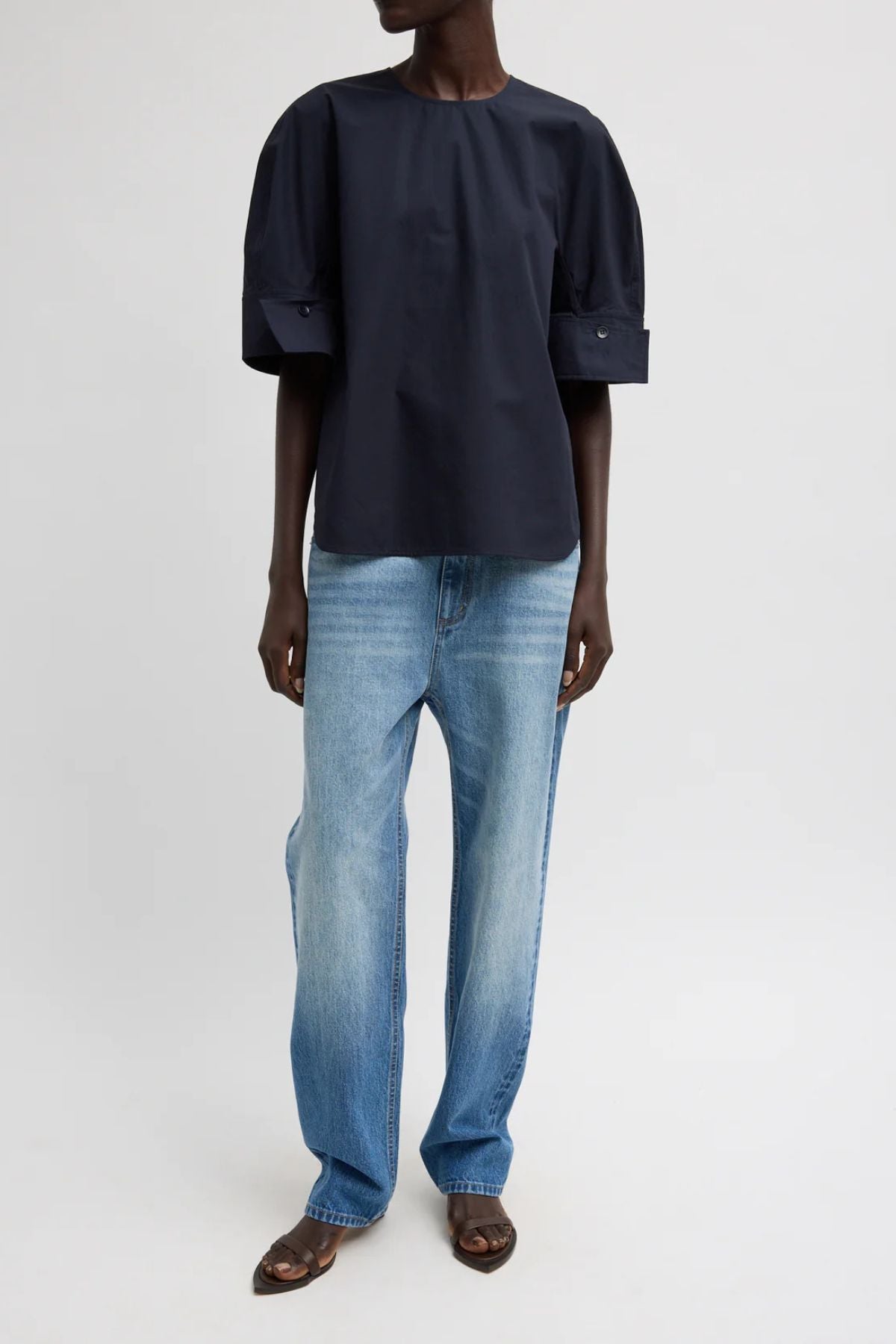 Tibi Poplin Reverse Sleeve Shirt - Navy