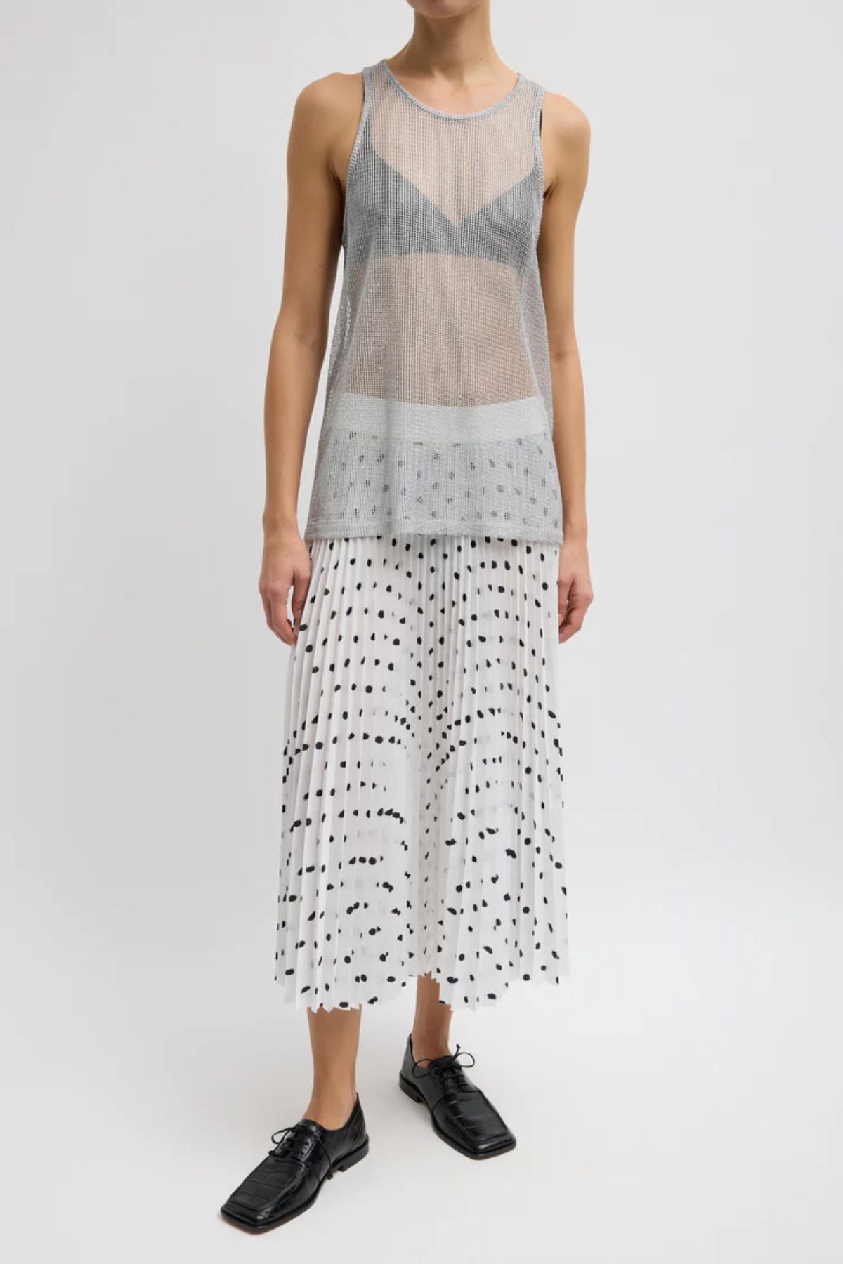 Tibi Scribble Dot Print Pull On Pleated Skirt - White/ Black Multi
