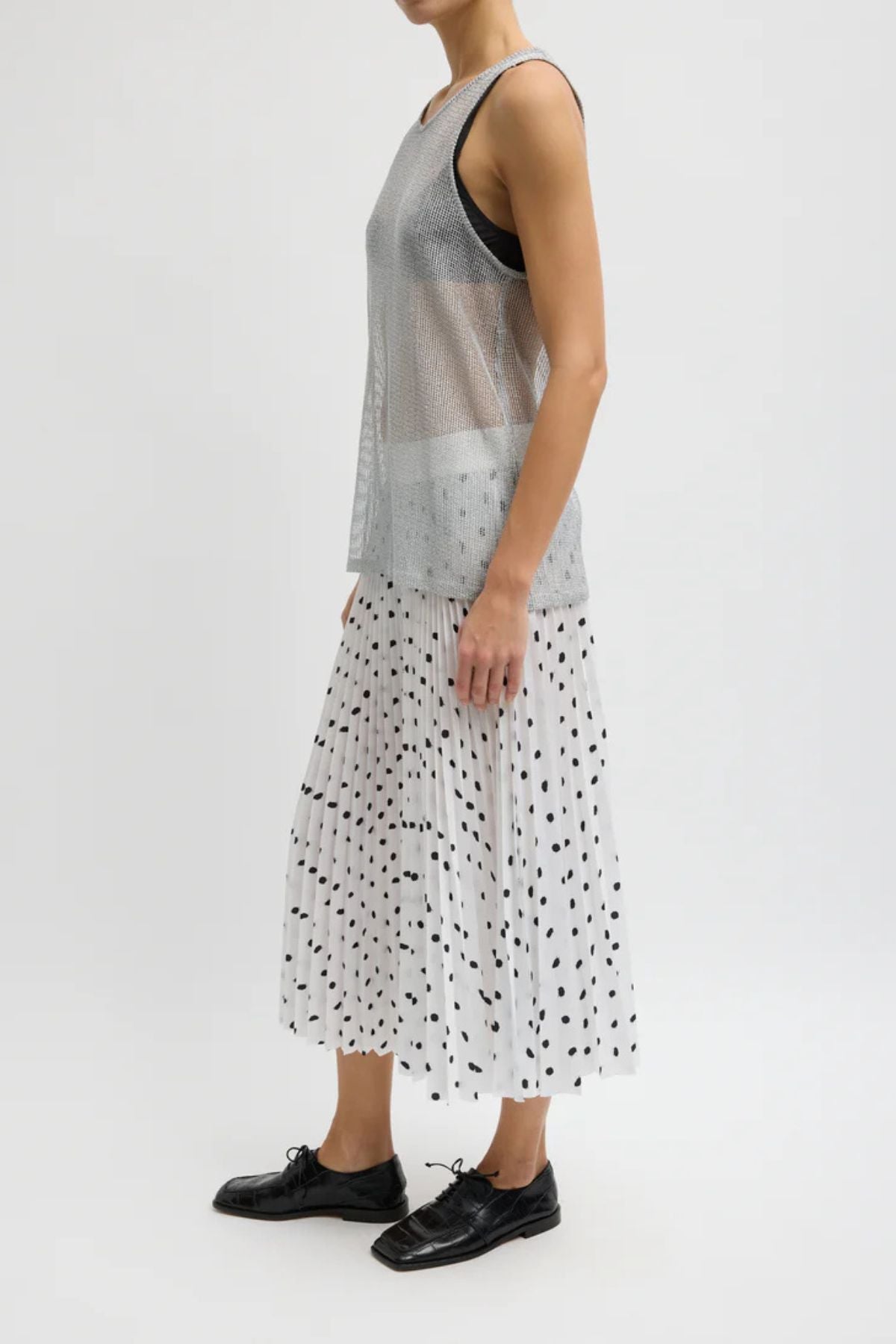 Tibi Scribble Dot Print Pull On Pleated Skirt - White/ Black Multi