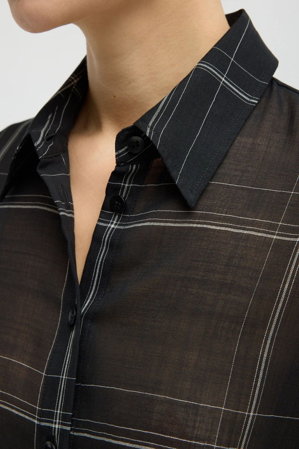 Tibi Sheer Wool Gauze Check Oversized Shirt - Black Multi