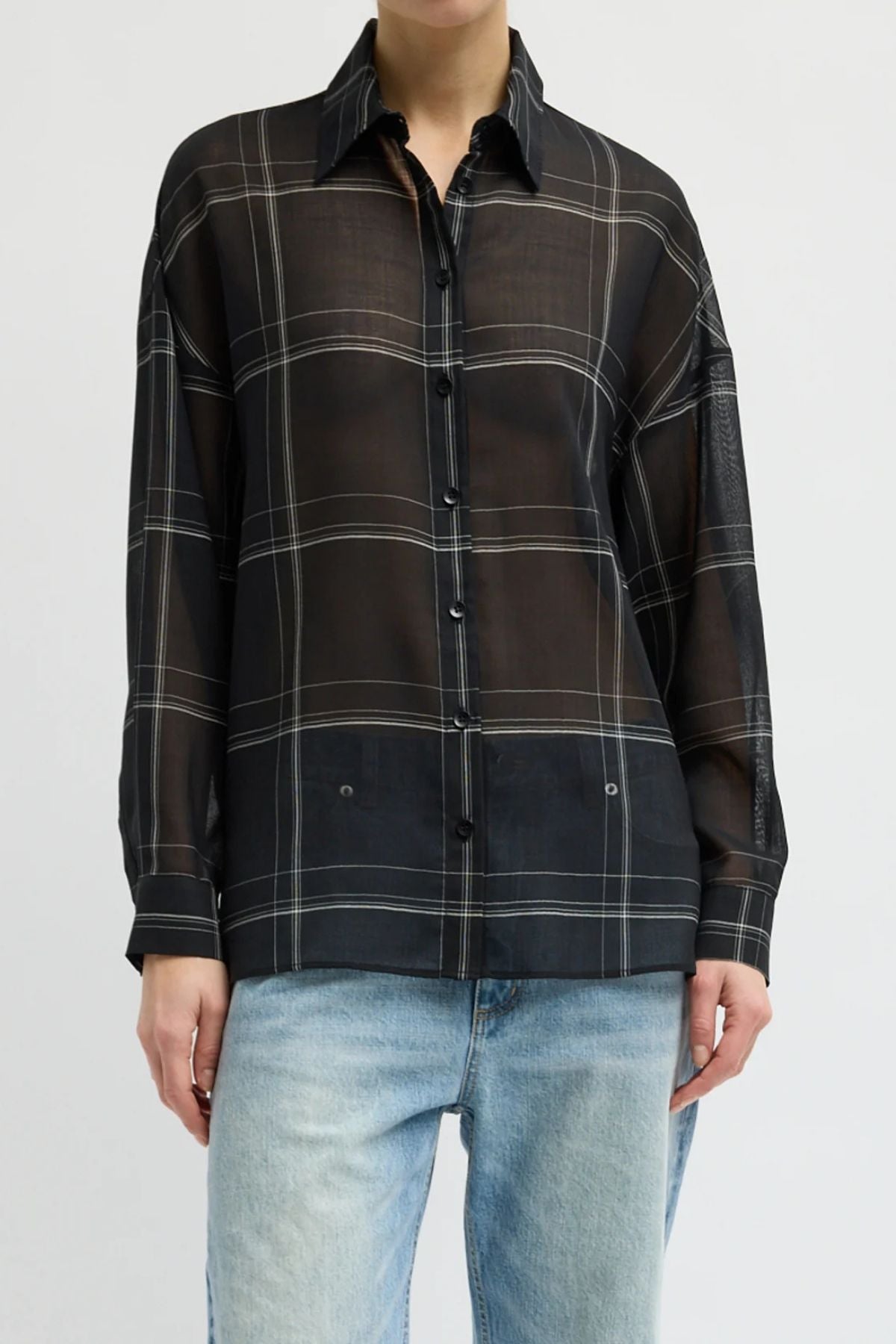 Tibi Sheer Wool Gauze Check Oversized Shirt - Black Multi