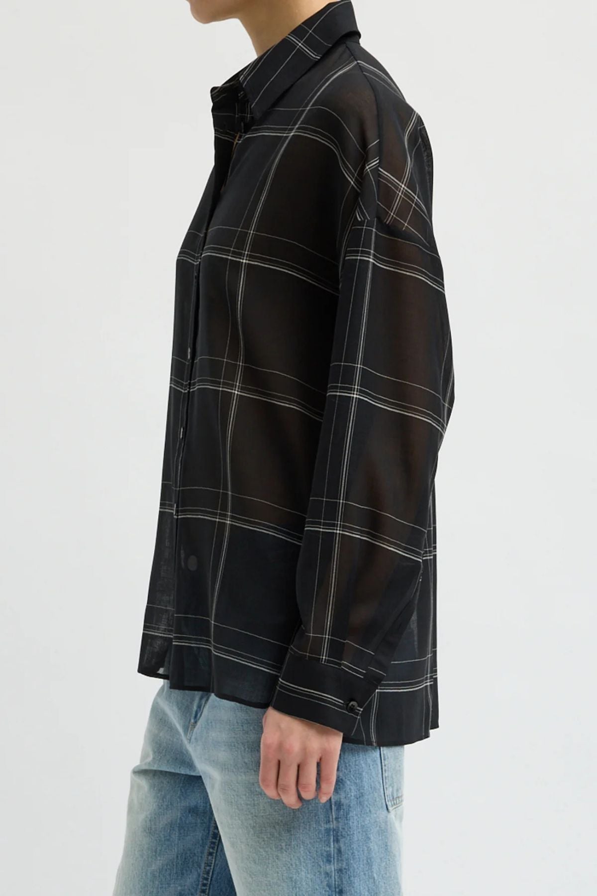 Tibi Sheer Wool Gauze Check Oversized Shirt - Black Multi