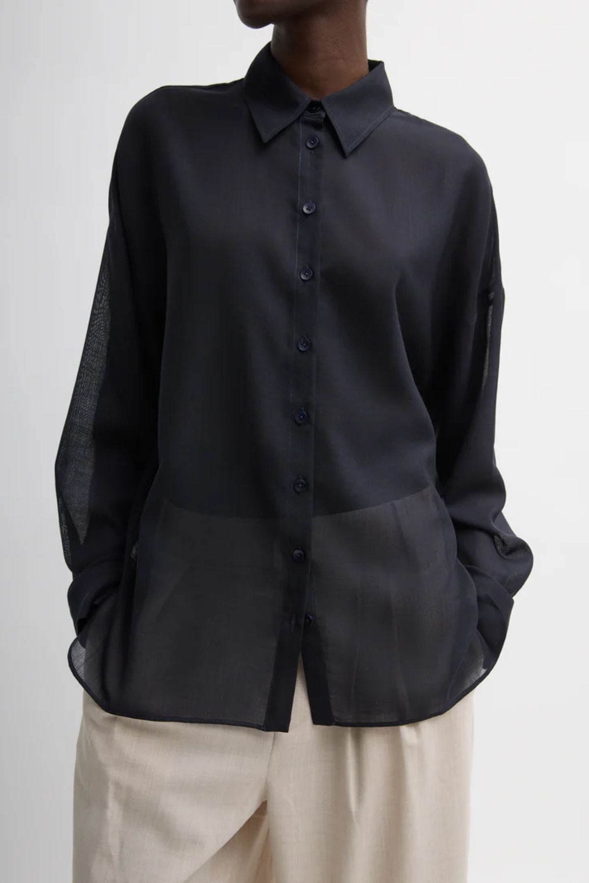 Tibi Sheer Wool Gauze Oversized Shirt  - Navy