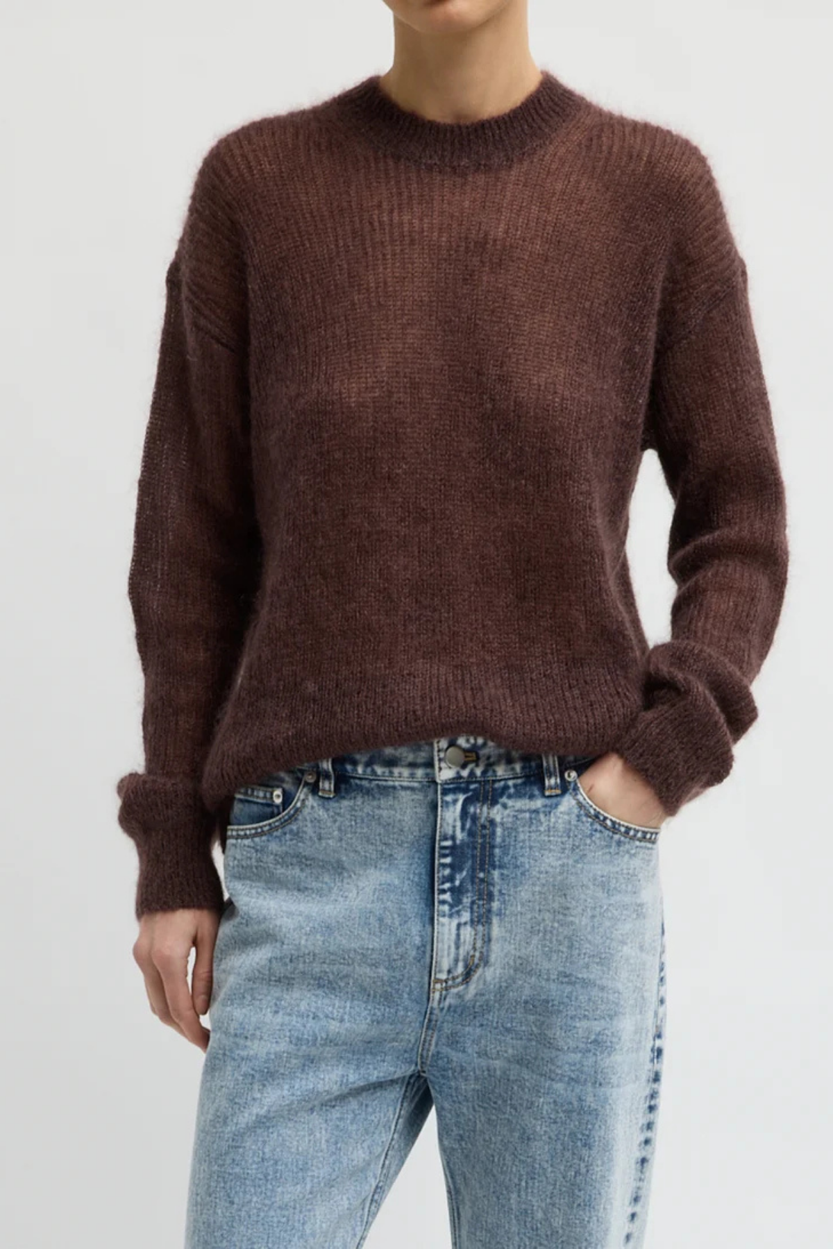 Tibi Silk Mohair Crewneck Easy Pullover - Brown