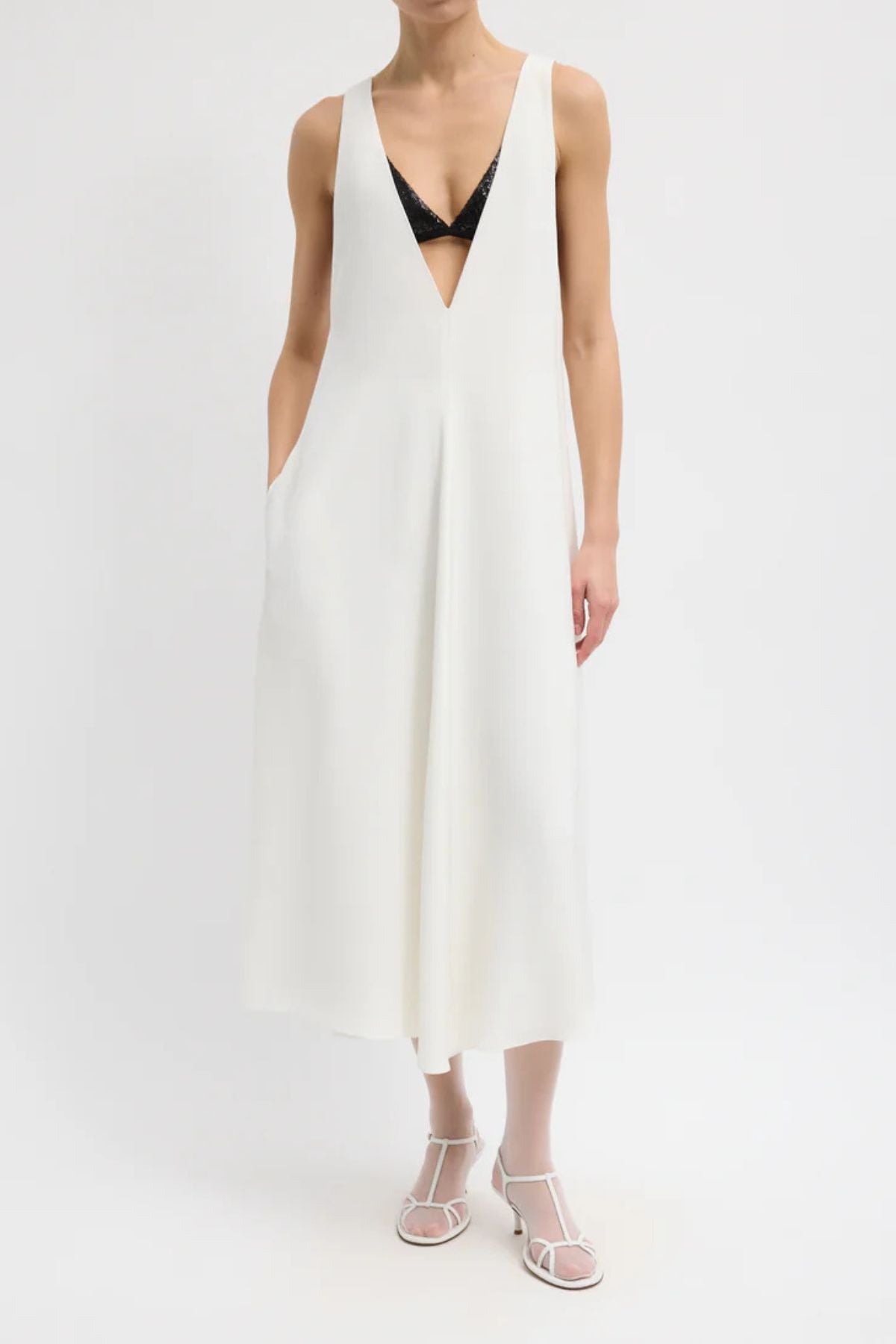 Tibi Silk V-Neck Dress with Bra - Ivory