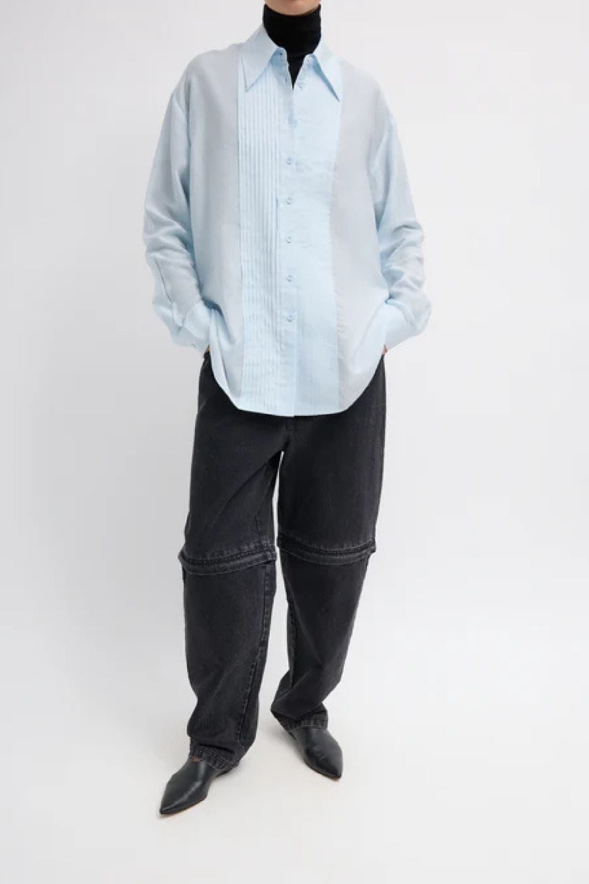 Tibi Silk Voile Easy Pintucked Shirt - Ice Blue