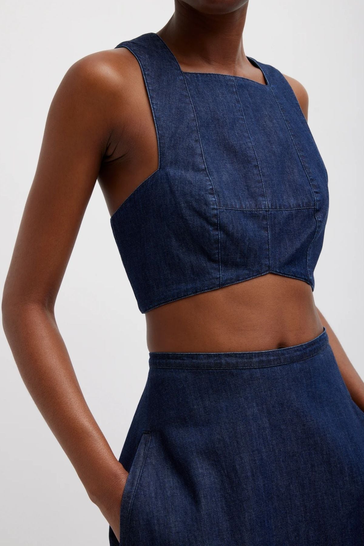 Tibi Summer Denim Square Neck Cropped Top - Indigo