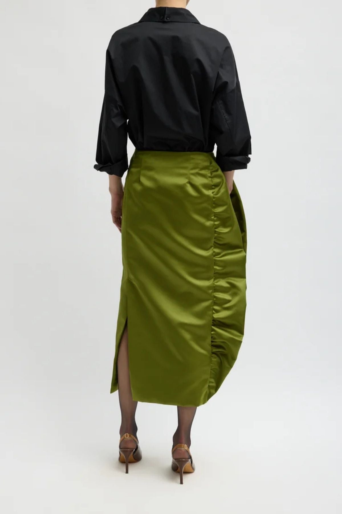 Tibi Tech Satin Ruffle Skirt - Ick Green