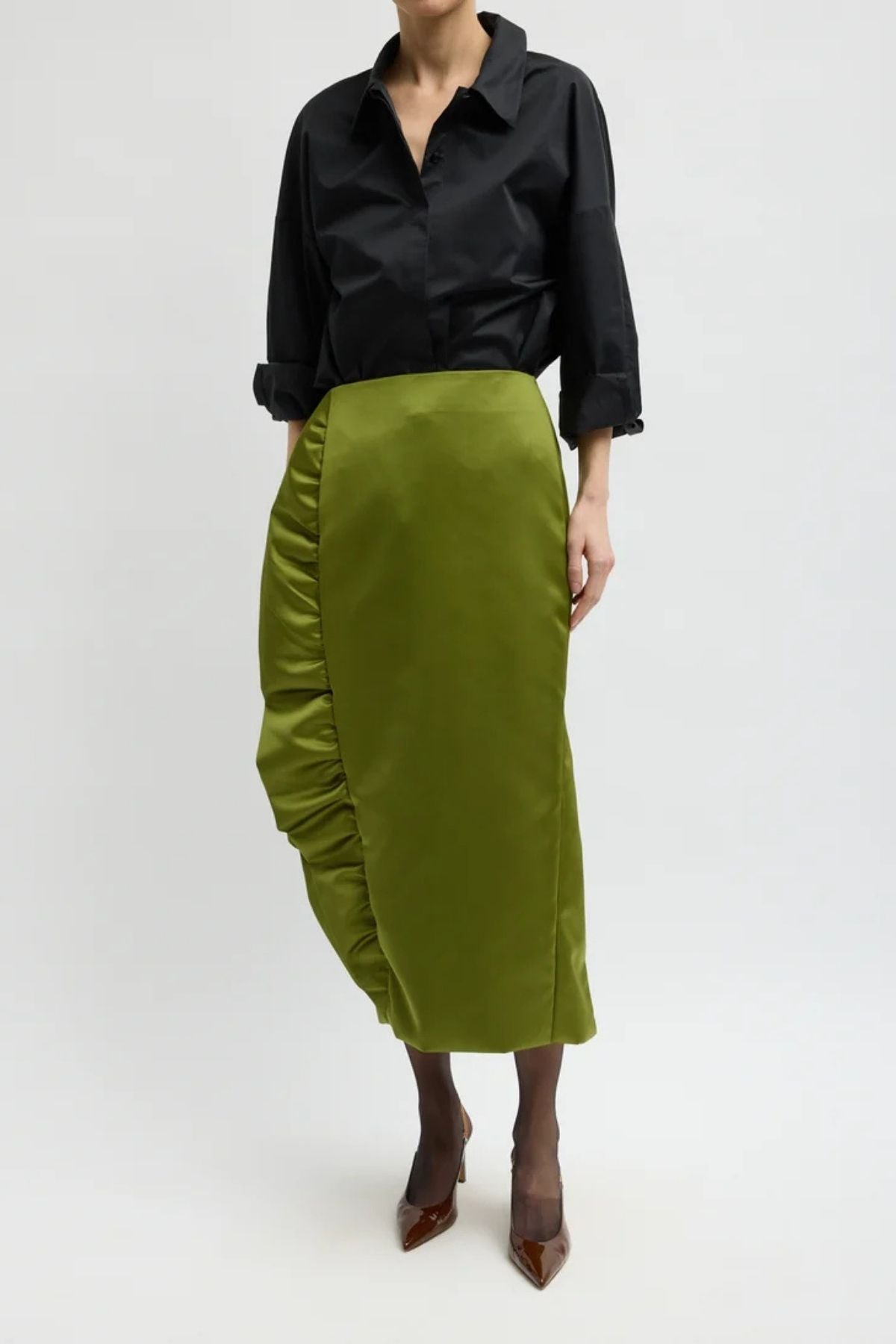 Tibi Tech Satin Ruffle Skirt - Ick Green