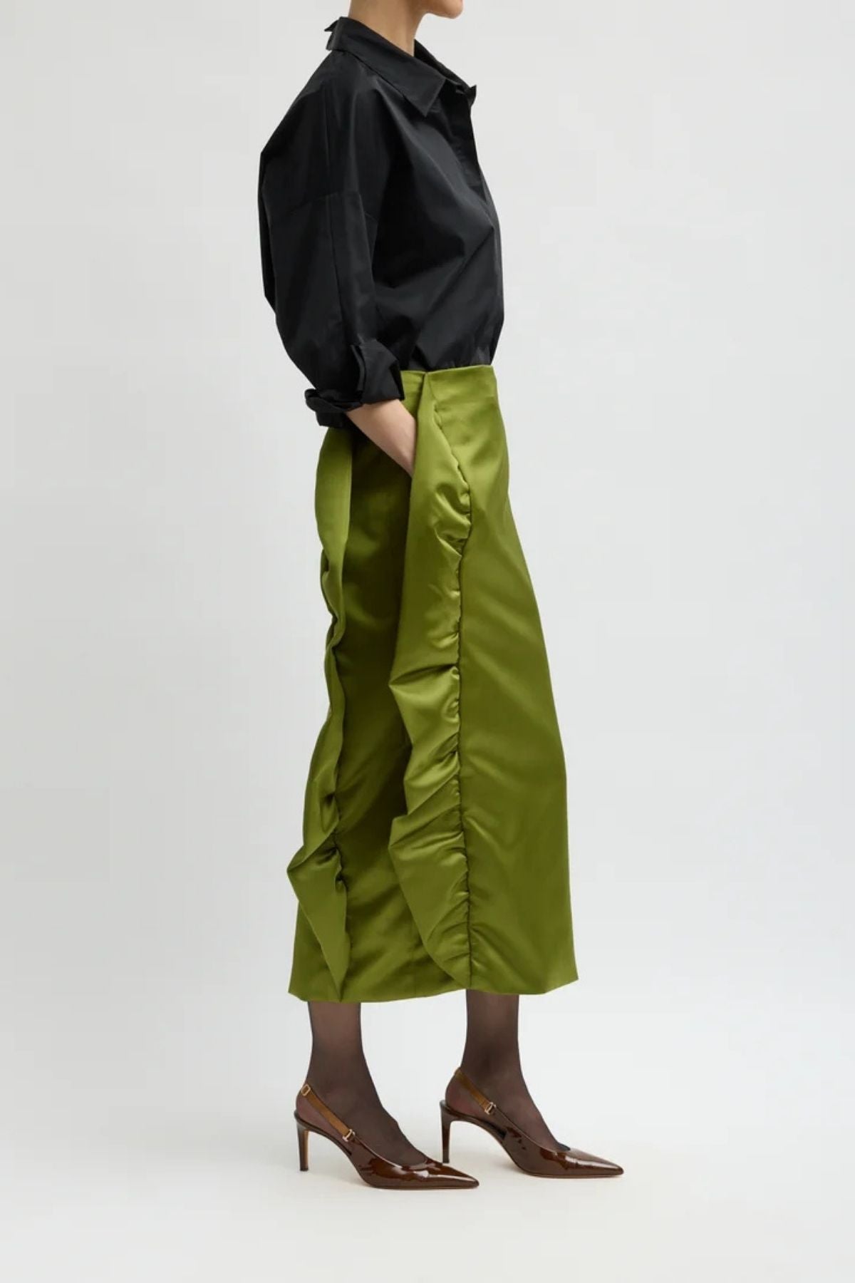 Tibi Tech Satin Ruffle Skirt - Ick Green