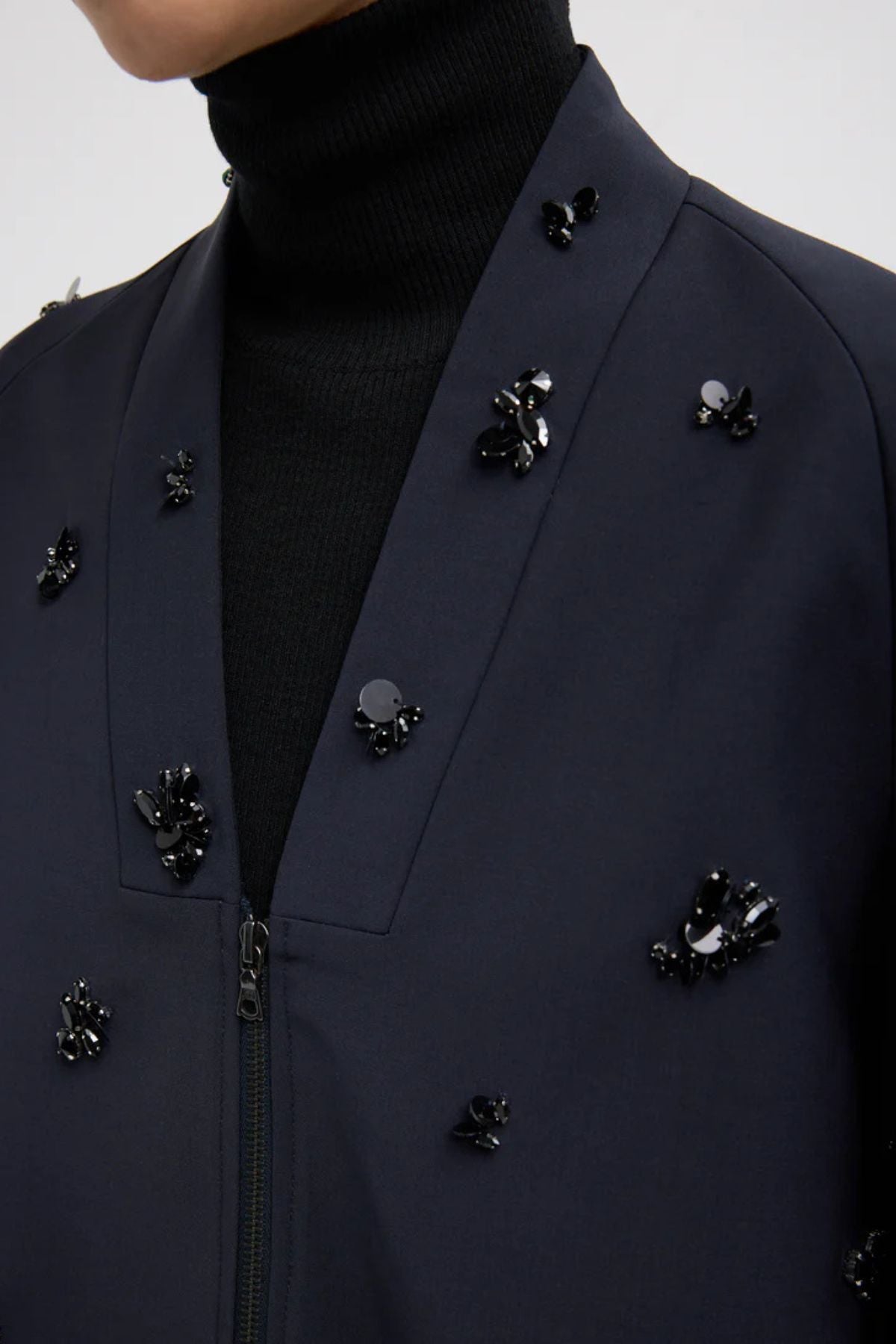 Tibi Tropical Wool Beaded Bomber - Navy