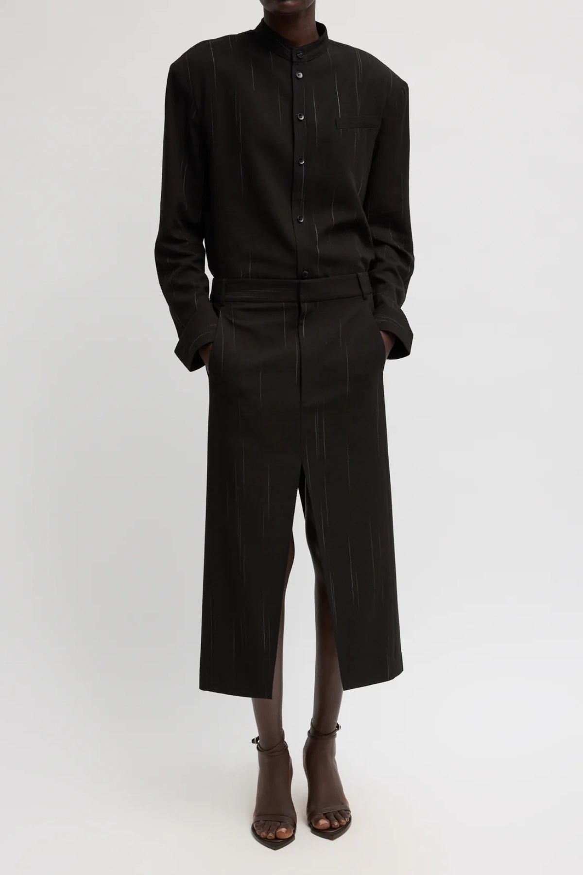 Tibi Viscose Suiting Midi Skirt - Black Multi