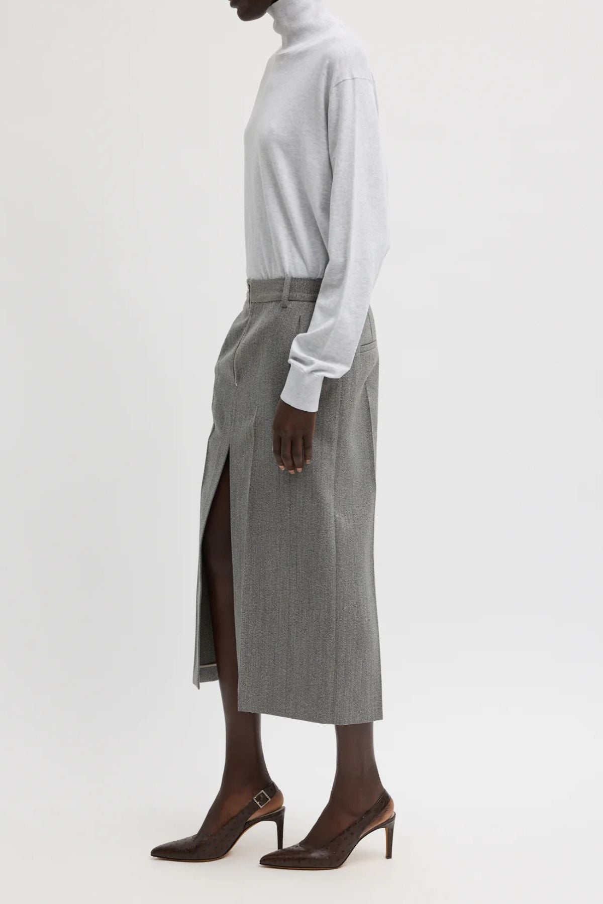 Tibi Wool Zip Front Midi Trouser Skirt - Grey Multi