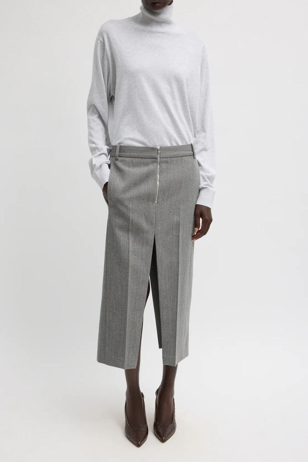 Tibi Wool Zip Front Midi Trouser Skirt - Grey Multi