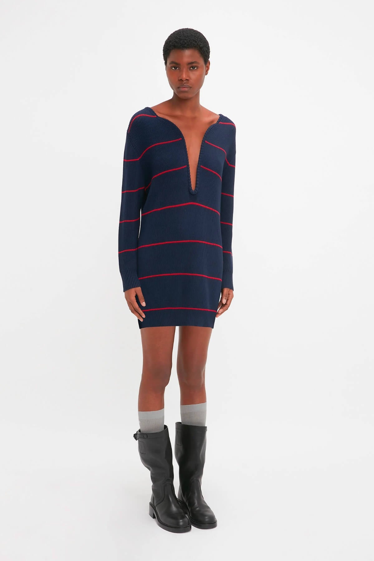 Victoria Beckham Frame Detail Jumper Dress - Navy/ Red