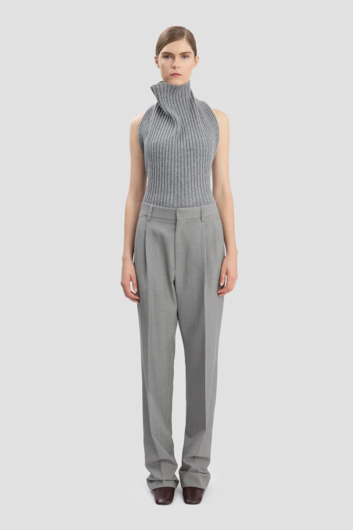 Victoria Beckham Drop Waist Straight Leg Trouser - Light Grey Melange