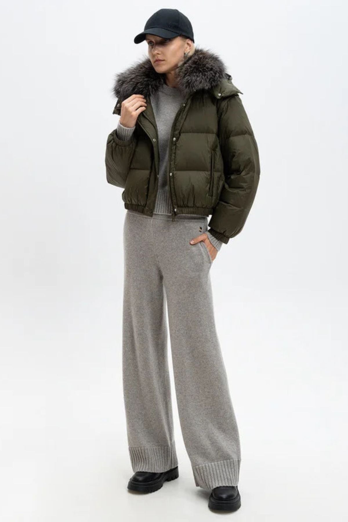 Yves Salomon Crop Parka w. Detachable Hood & Collar - Hunter Green