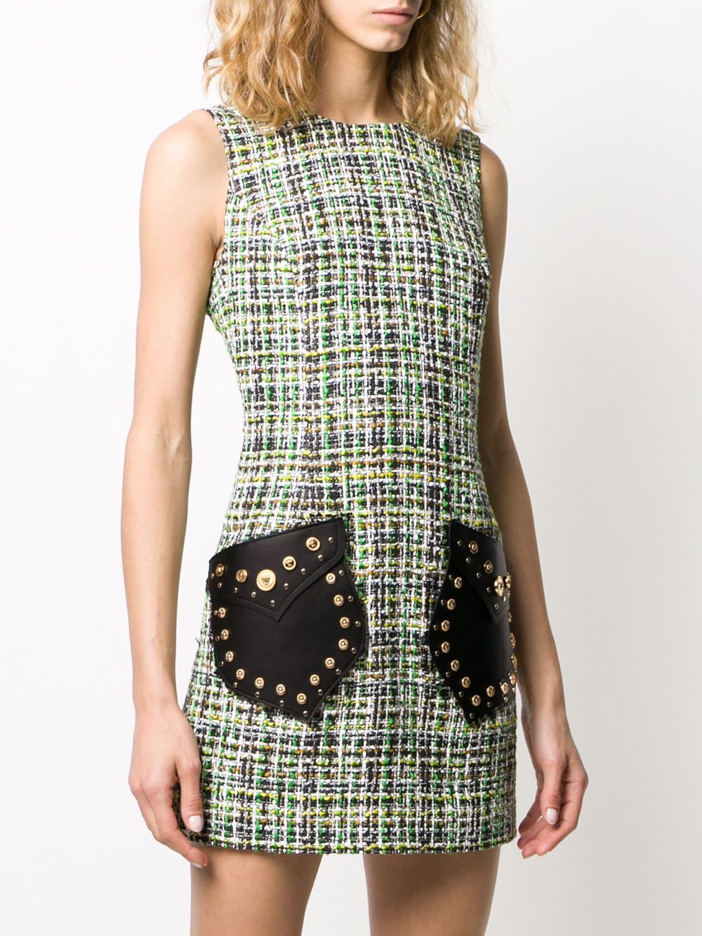 Versace Studded Leather Tweed Dress - Green
