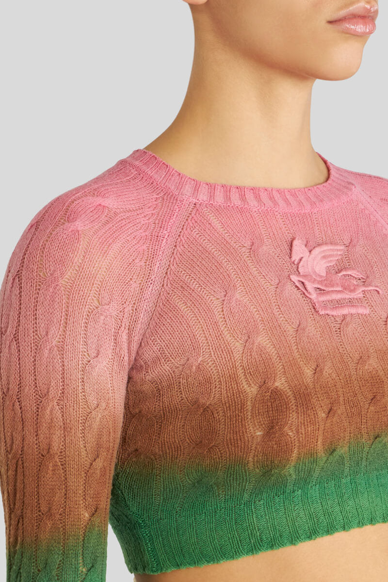 Etro Cable Knit Dip Dye Cropped Jumper - Pink/ Green