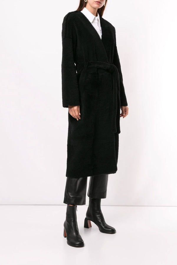 Ines Marechal Genie Shearling Belted Coat Marine Front