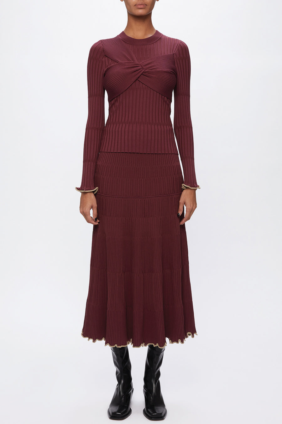 Jonathan Simkhai Malia Pleated Rib Knit Midi Skirt - Merlot